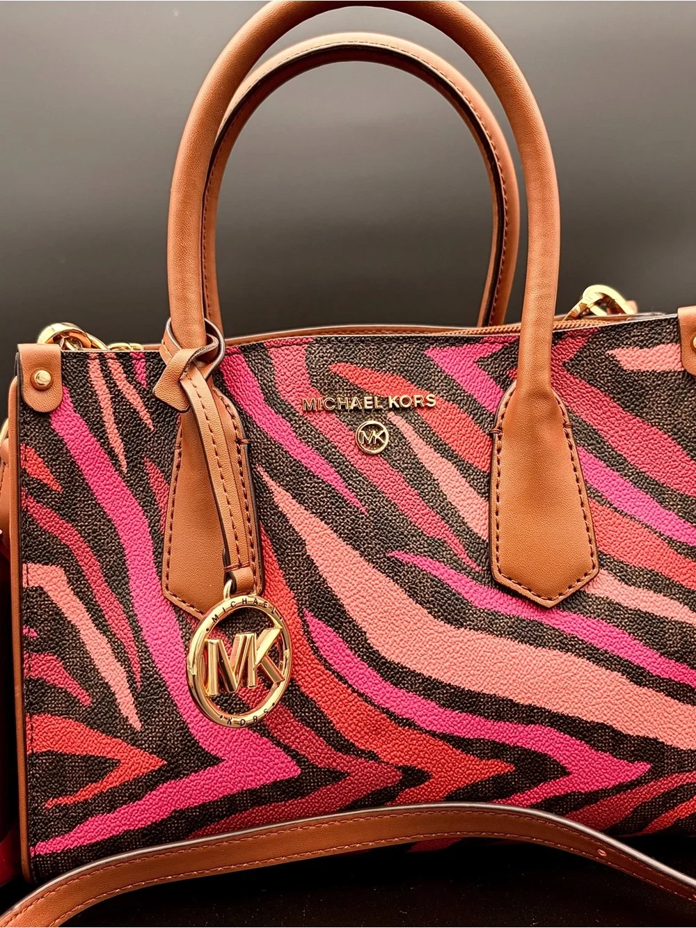 Michael Kors Maple Small Leather Satchel Handbag Purse in Pink Zebra Print